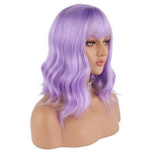 Lavender Purple Wig Short Colorful Wavy Bob Wigs with Air Bangs 12" Natural Wigs